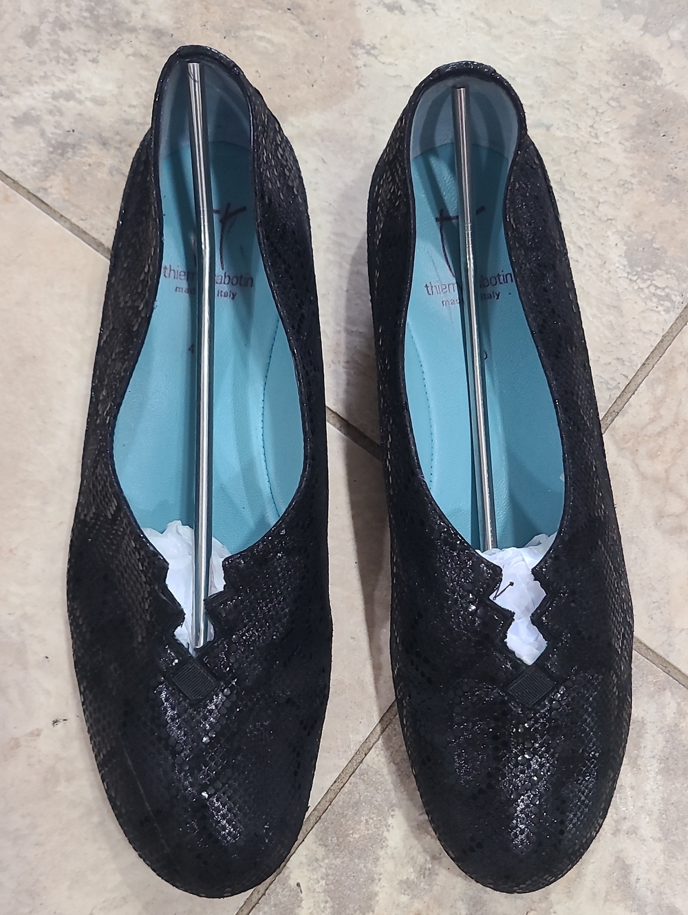 Thierry Rabotin Black Textured Leather Slip-On Flats with Teal Insole